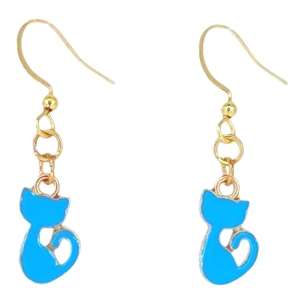 Blue Cat Earrings Fashion Jewelry Dangle Animal Kitty Pet
